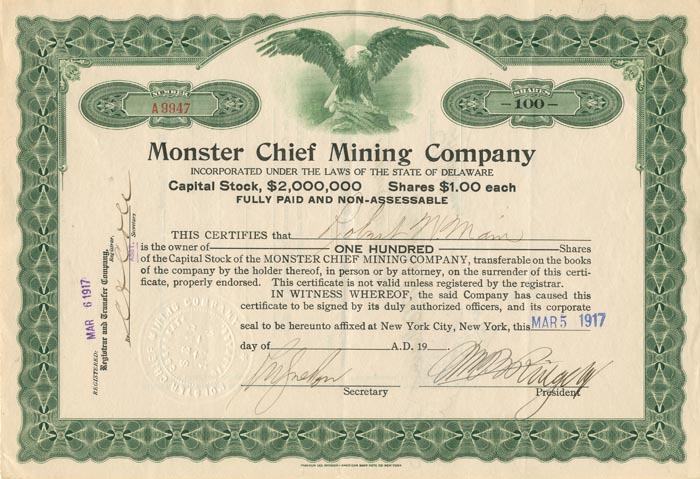 Monster Chief Mining Co. - Stock Certificate